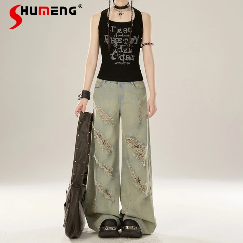 

Japanese Style Distressed Ripped Jeans Women's Summer High Waist Slimming Loose Wide Leg Pants Long Versatile Straight Trousers