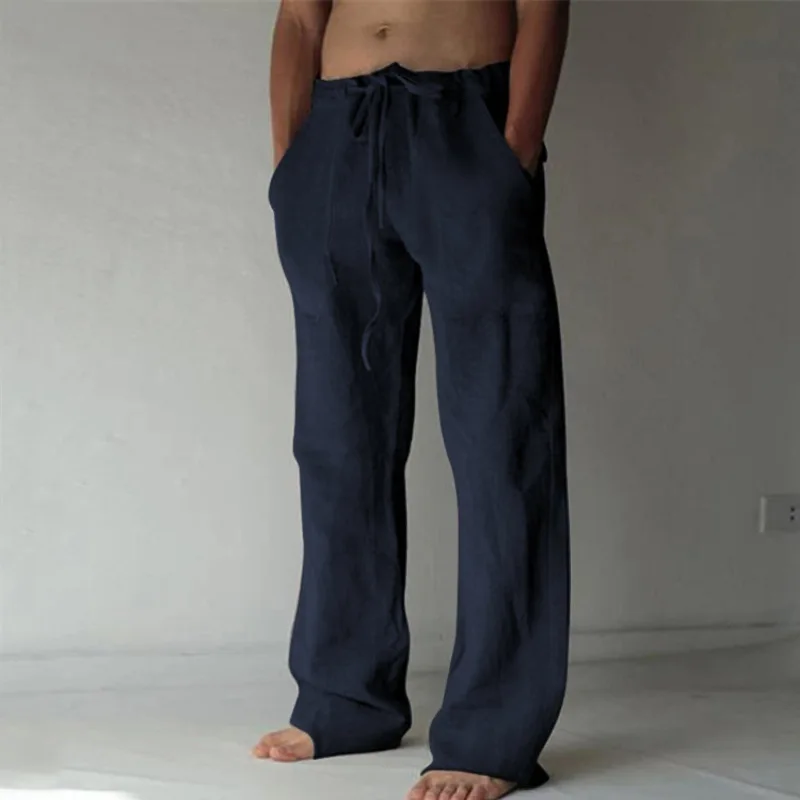 Calça reta de linho de algodão masculina, casual, tamanho grande, branca, monocromática, preta, fitness, nova, 2023