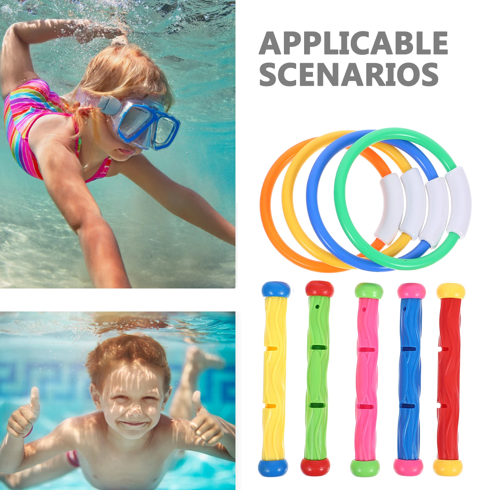 แหวนดําน้ําและไม้ชุดการฝึกอบรมใต้น้ําสระว่ายน้ําของเล่นสําหรับเด็กอายุ 4-8 ปีฤดูร้อนเกมน้ําของขวัญพร้อมอุปกรณ์เสริมสนุก