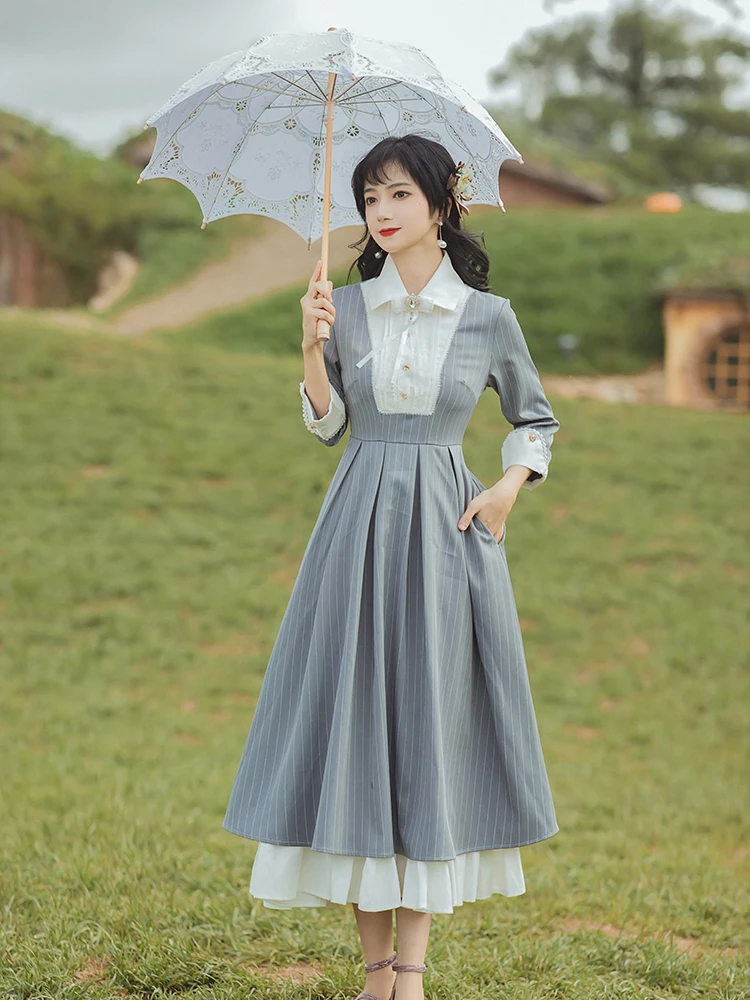 

Spring Autumn Retro Bow Patchwork Women Dress Fashion Stripe Ruffles Midi Lady Dresses Two Layers Ruffles Elegant Maxi Vestidos