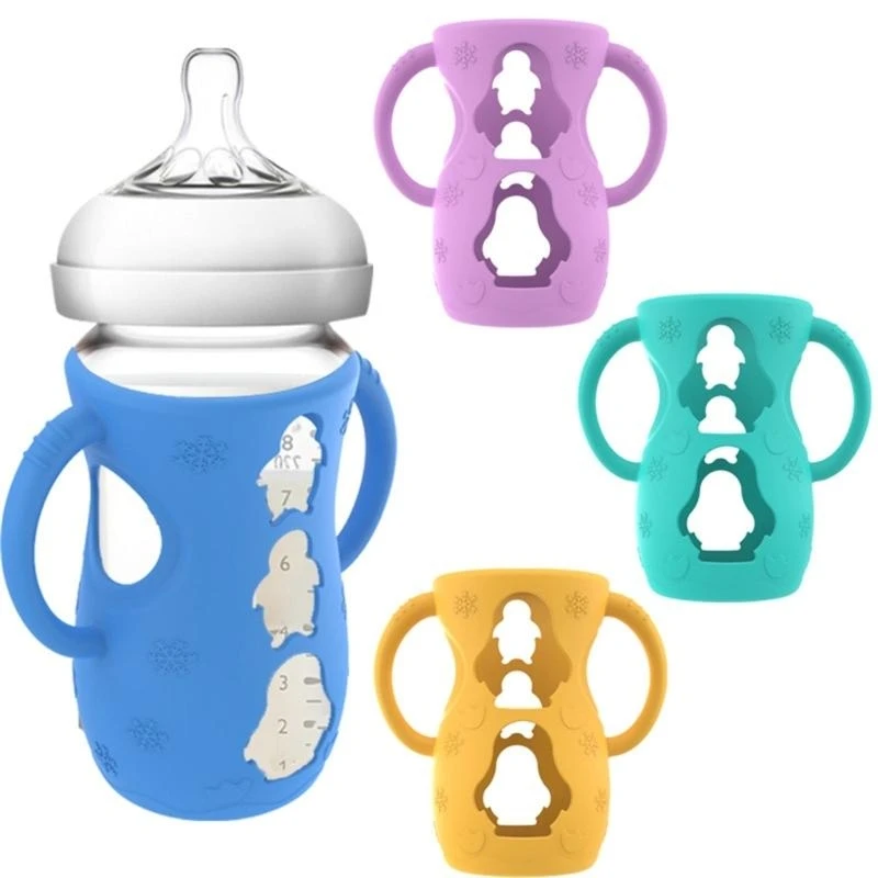 

4pcs Silicone Cover Flexible Bottle Holder with Handles Shockproof Bottle Sleeve for Baby Bottles Drop Cover G2TD