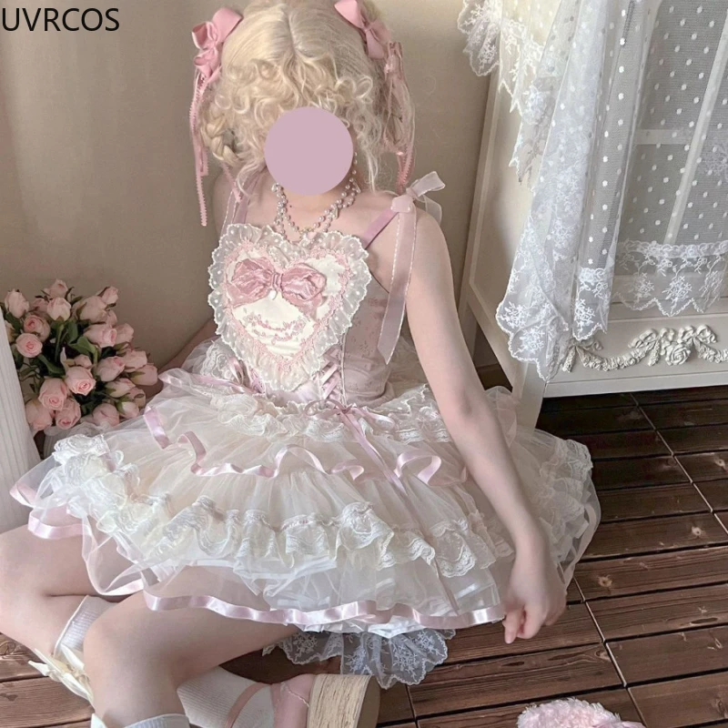 Vestido japonés de Lolita Jsk para mujer, Mini vestidos de princesa de vendaje delgado con volantes de encaje Kawaii, bordado con lazo, lindo vestido de fiesta