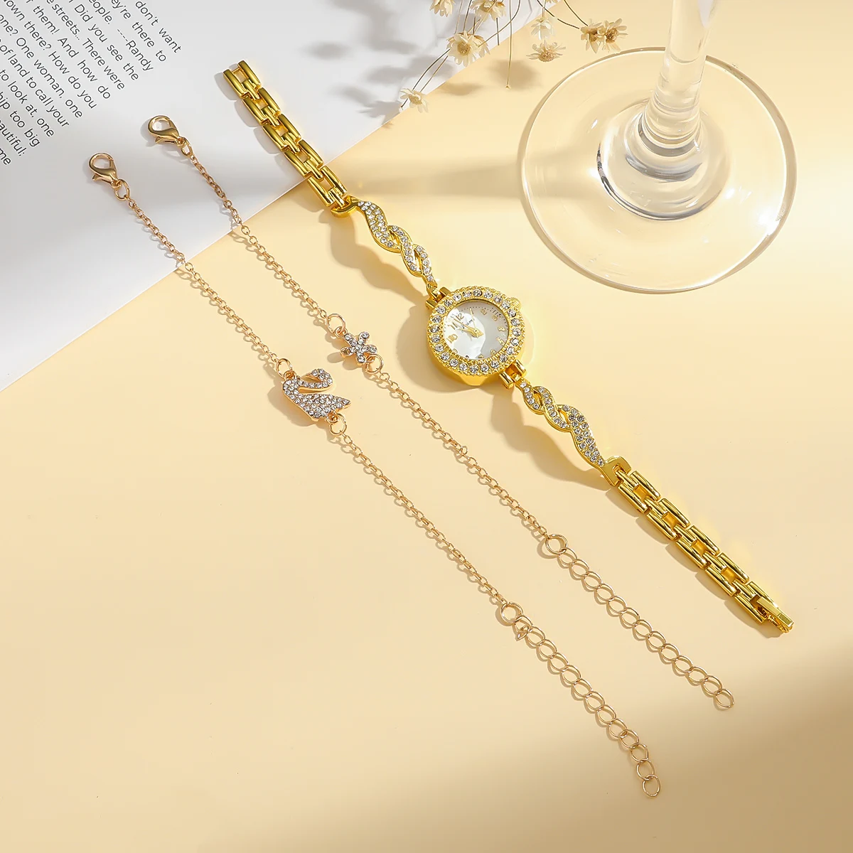 ساعة كوارتز بحزام فولاذي بقرص ماسي مستدير جديد للسيدات، سوار بجعة على شكل زهرة ماسية عصرية، عطلة نبيلة وجوية