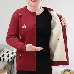 Women Sweater Cardigan Autumn Winter Knitted Sweater Coat Flower Pattern Embroidery Middle-aged Old Women Cardigan Coat