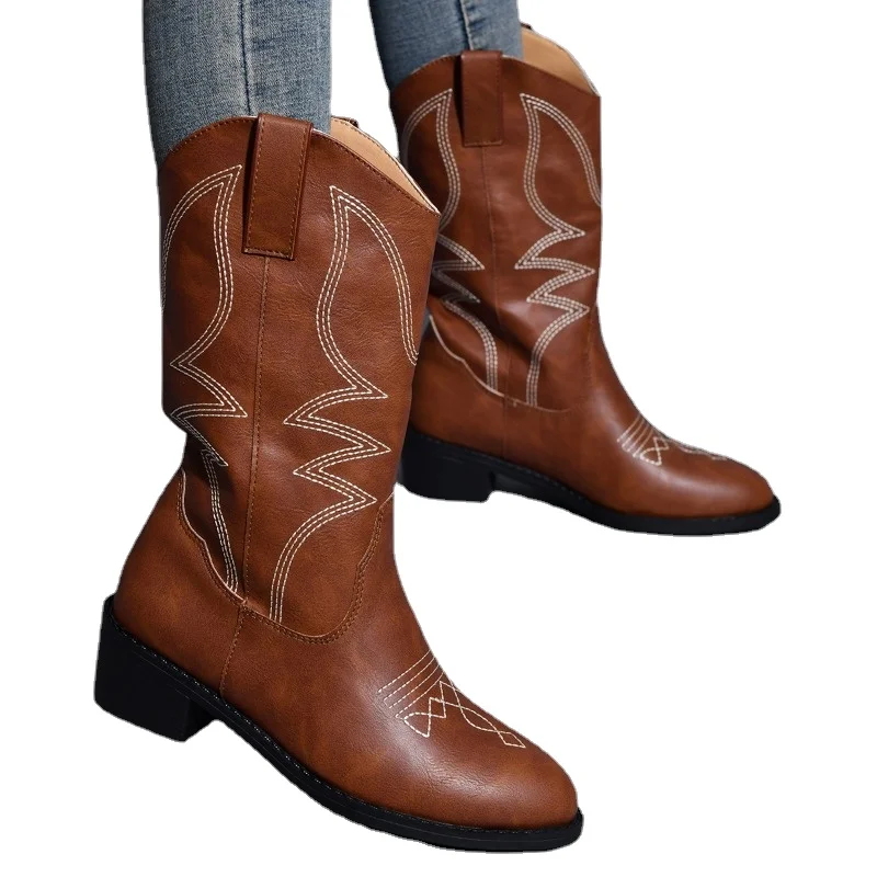 Women\'s Western Boots 2023 Autumn Winter Fashion Chunky Heeled Cowboy Boots Vintage Style Country Western Cowboy Girl Pink Boots