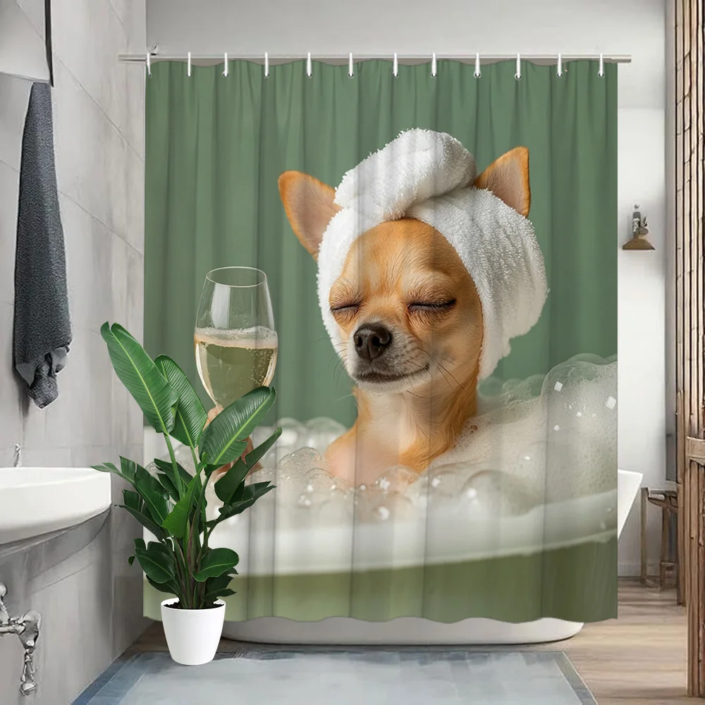 Chihuahua Dog in Bubble Bath with Wine Shower Curtain Waterproof Easy to Clean Privacy Protection Print Funny Pet Art Design