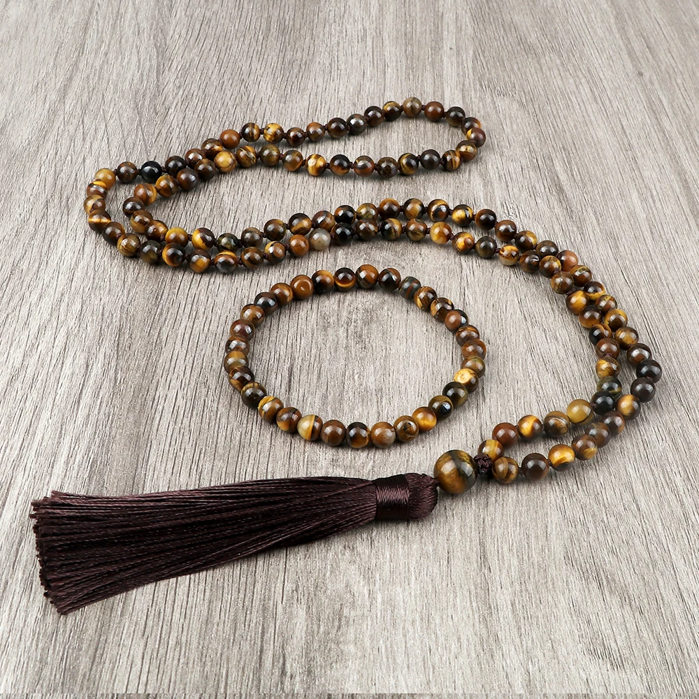 Natural Tiger Eye Stone Necklace Handmade Knotted 108 Japamala Yoga Meditation Necklaces & Bracelets Set Tassel Rosary Jewelry