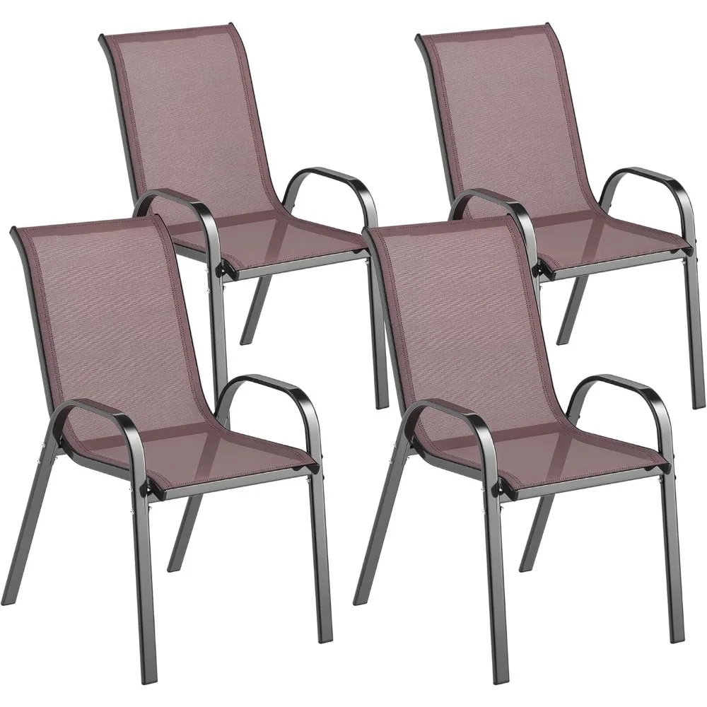 مجموعة كراسي تناول الطعام في الهواء الطلق مكونة من 4 قطع، كراسي تناول الطعام في الفناء قابلة للتكديس، وكراسي فناء خارجية عالية الظهر مع مقعد شبكي مسامي