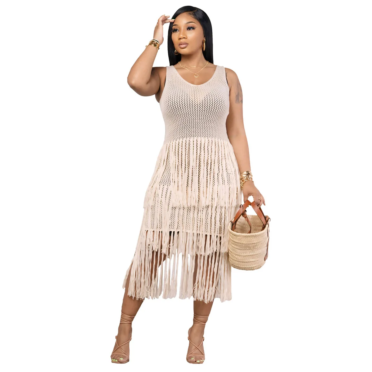 

Knitted Dresses Women Mesh Fringe Sheer Dress O Neck Mid Length Sleeveless H Line Tassel Casual Office Lady 2025 Summer Y2k