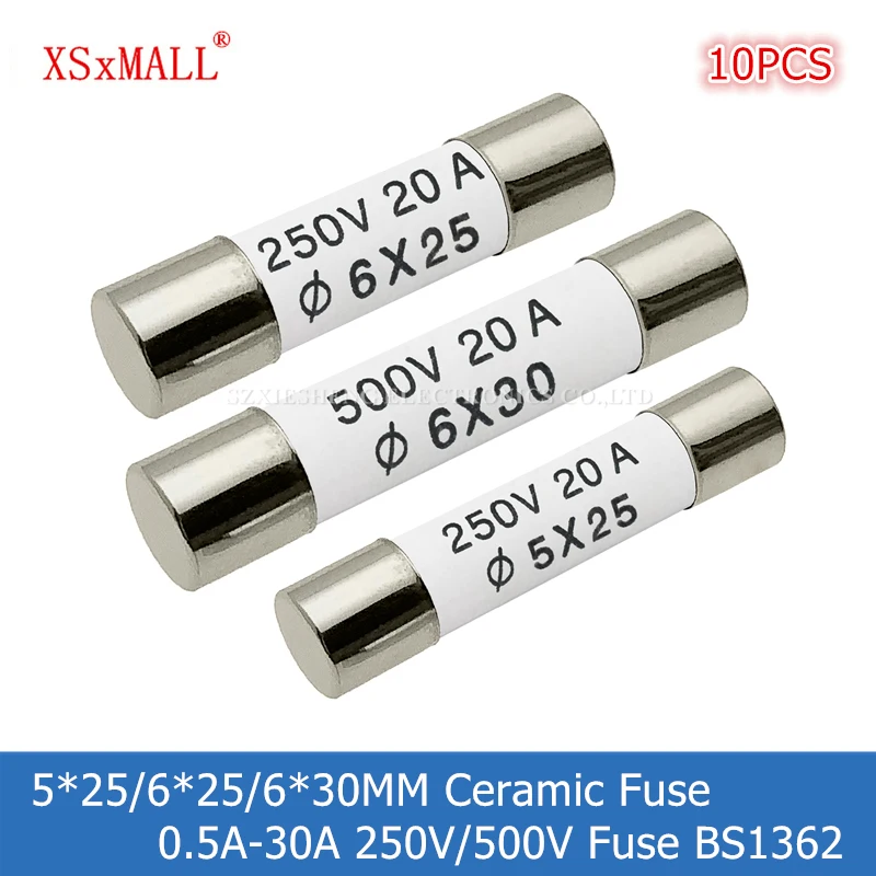 

10 шт. 5*25/6*25/6*30 мм керамический предохранитель 0,5A 1A 2A 3A 4A 5A 6A 8A 10A 13A 15A 16A 20A 25A 30A 250V 500V RO55 RO57 RO58 Предохранитель BS1362