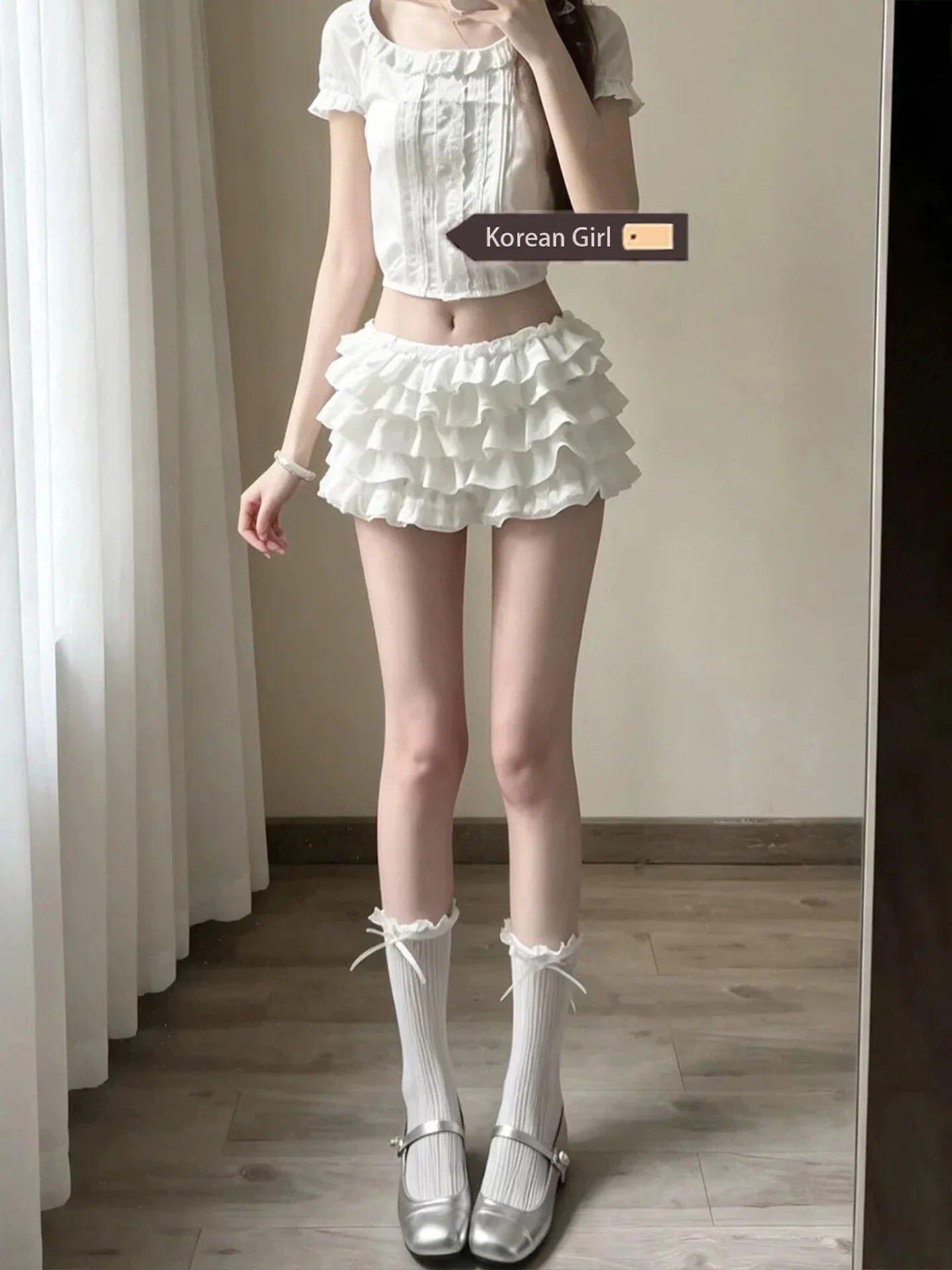Ballet Style White Ruffle Short Skirt Women Summer Sweet Slimming Puffy Skirt Layered Cake Skirt High Waist Elastic Waist