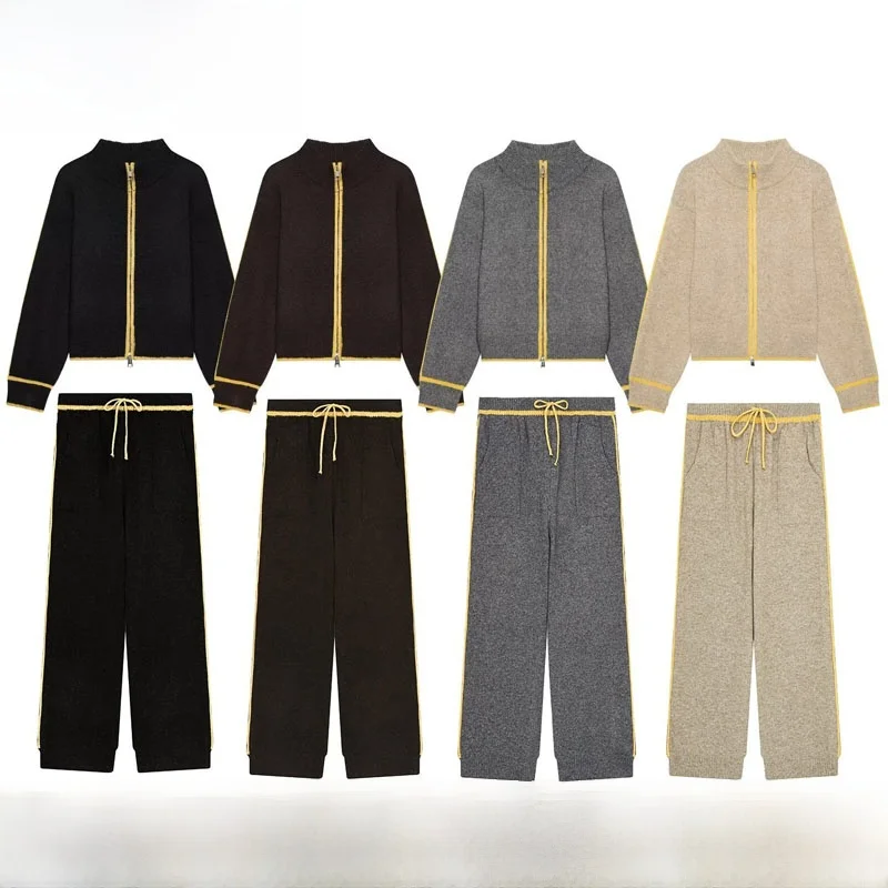 Early Autumn New Arrival Women's Fashionable Simple Knitted Set Dual Zipper Color Block Versatile Long Sleeve Cardigan Pants