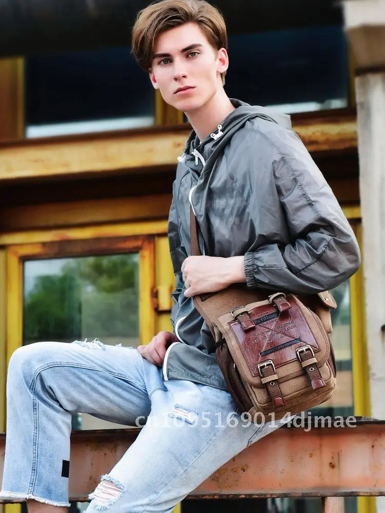 

Men's Trendy Canvas Crossbody Bag European American Fashion Tooling Shoulder Messenger Bag Solid Color Breathable Multi-Layer