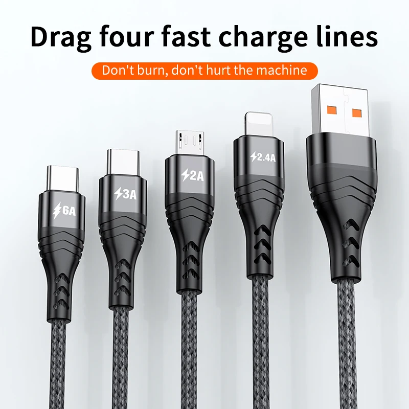 4 in 1 USB Type C Cable for iPhone 14 13 12 11 Pro Max Nylon 6A 66W 3 in 1 2 in 1 Type-C Micro USB Fast Charging Charge Cable