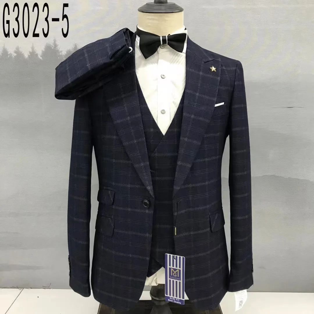 Classic Plaid Suit Sets For Men Wedding Party Groomsman Slim Fit Outfits Formal Banquet Male Elegant Blazer Vest Pants 3 Pieces