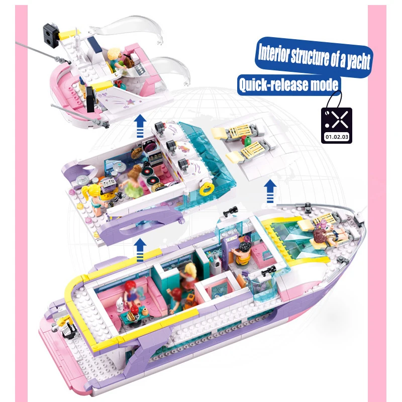 Kit de blocs de construction de Yacht de fête de créativité-MOC filles amitié fête de mer figurines de piste de danse modèle de bateau rose briques jouets cadeau