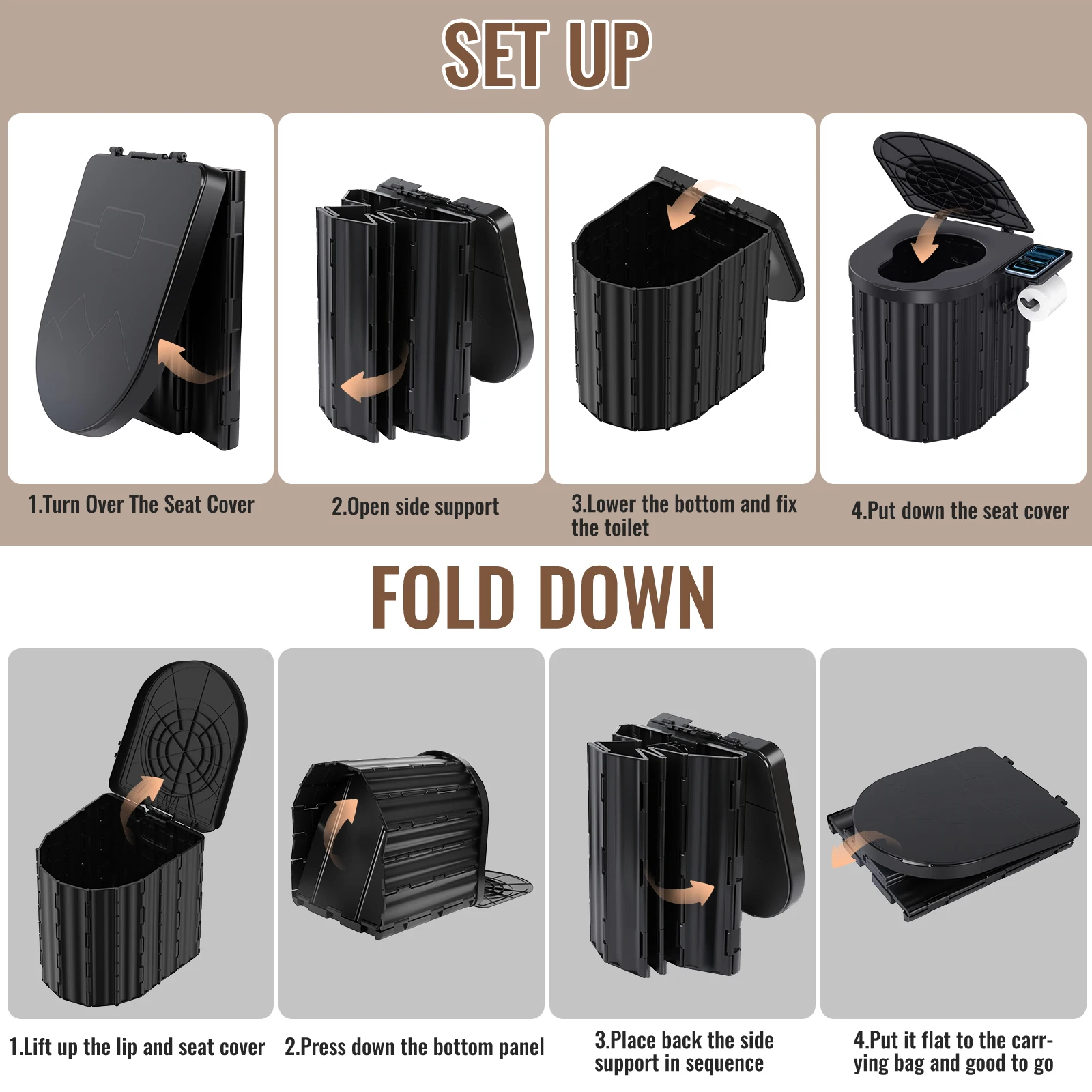 Toilettes portables pliantes avec couvercle pour le camping et les voyages