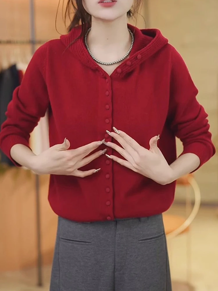 

Вязаный кардиган с капюшоном Long Sve, повседневный, удобный, простой дизайн, цветной, новый женский свитер Jaet Commute Sle