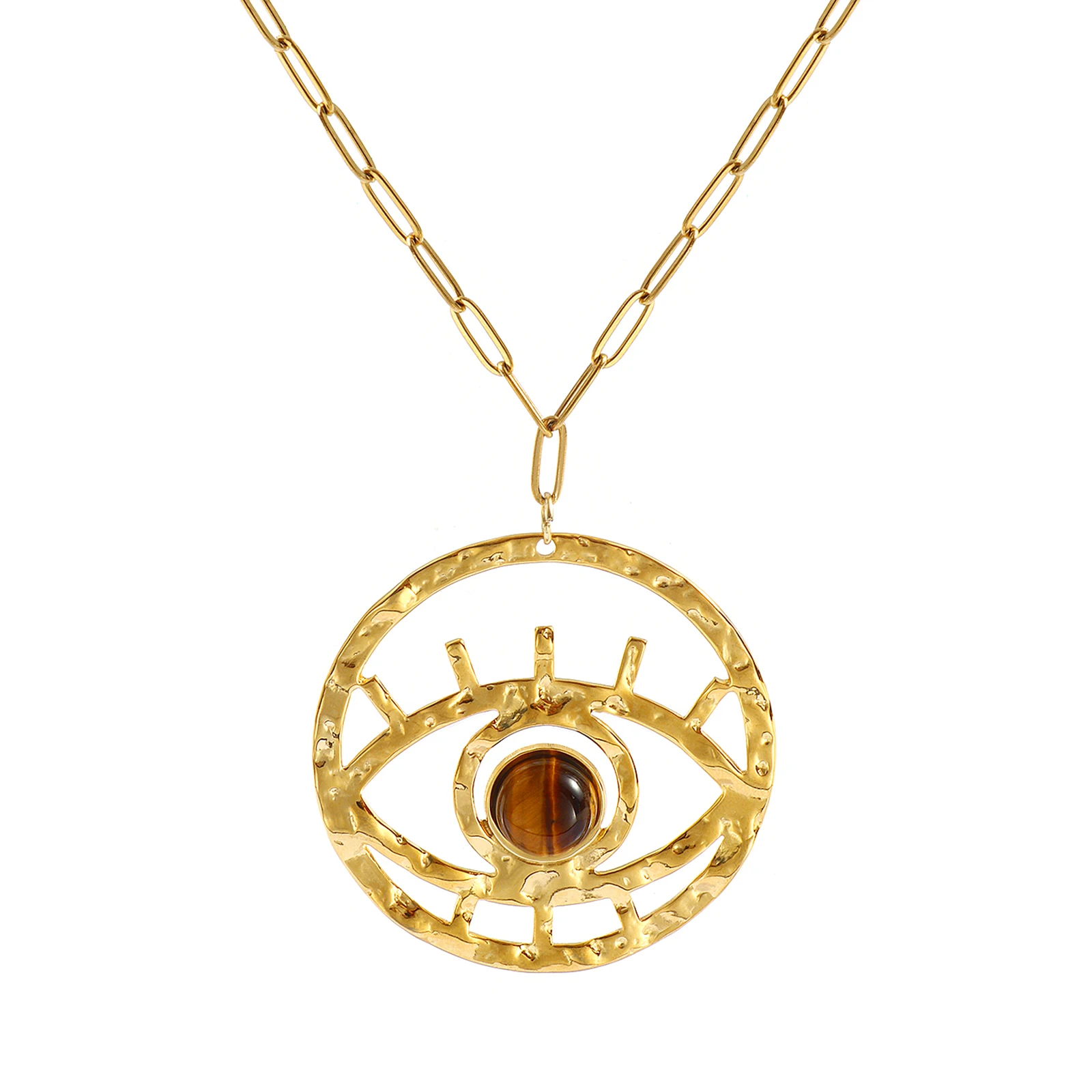 Brown Eye Pendant Charm Necklace 18K Gold Plated Paperclip Link Chain 304 Stainless Steel 42cm(16.5
