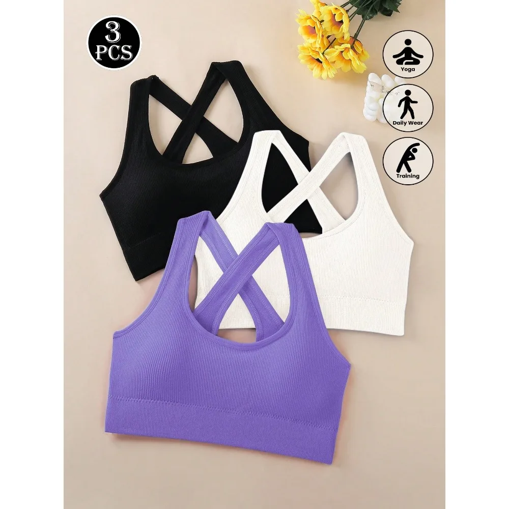 

3pcs Criss-Cross Strap Sports Bra For Women, Yoga Gym Running Racerback Crop Top Brassiere Can Be Worn Outerwear