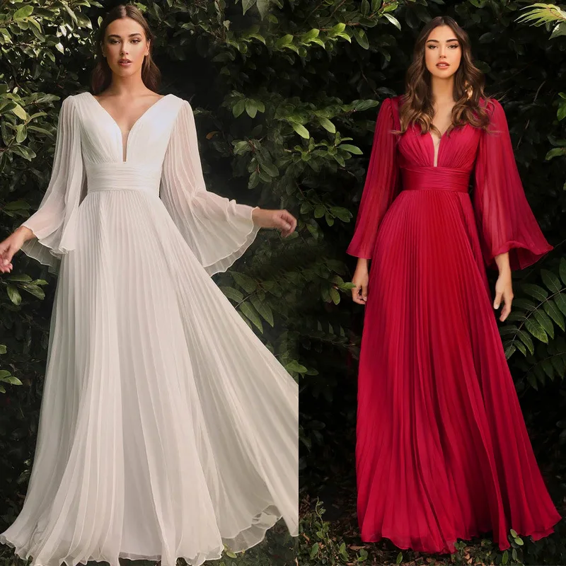 Fashion Guaze Pleat Women Beach Dresses Sexy Deep V Neck Party Dresses Elegant Floor Length Trumpet Sleeves Female Vestidos Robe