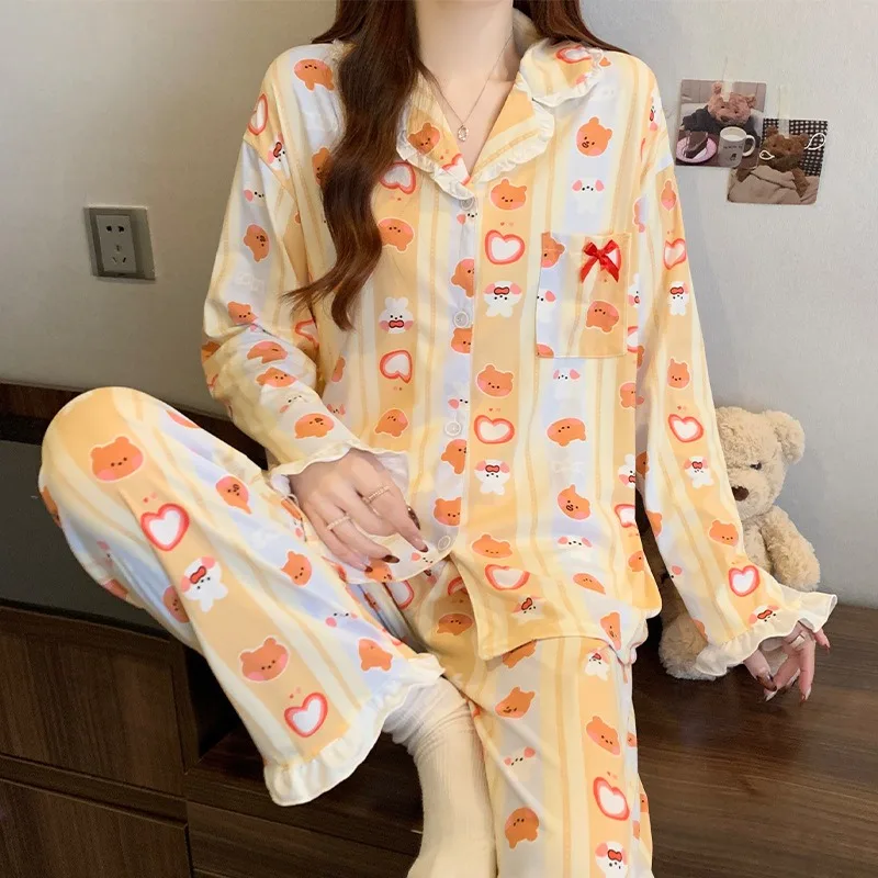 

Autumn and Winter Nightwear Women Sweet Brown Bear Pajamas Long Sleeve Cardigan Set Loungewear Large Size Vulgar Sleepwear