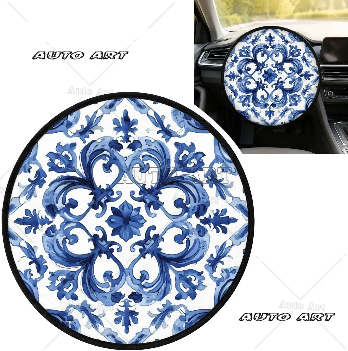 Blue White Flower Paisly Tiles Car Steering Wheel Sun Shade Cover