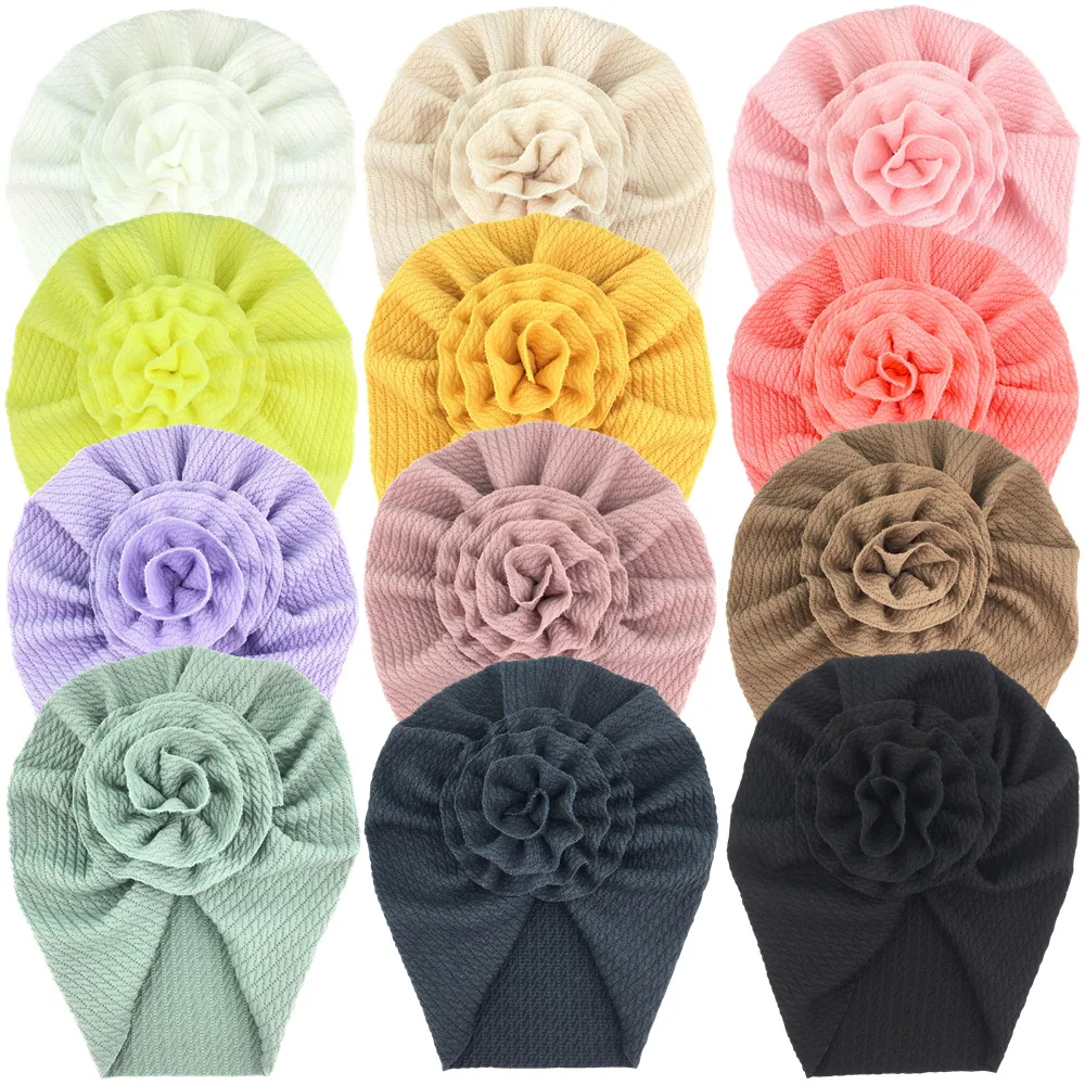 

60 Pcs Wholesale New Big Flower Pullover Cap European And American Children Twist Knitted Fabric Warm Breathable Tire Cap Bandan