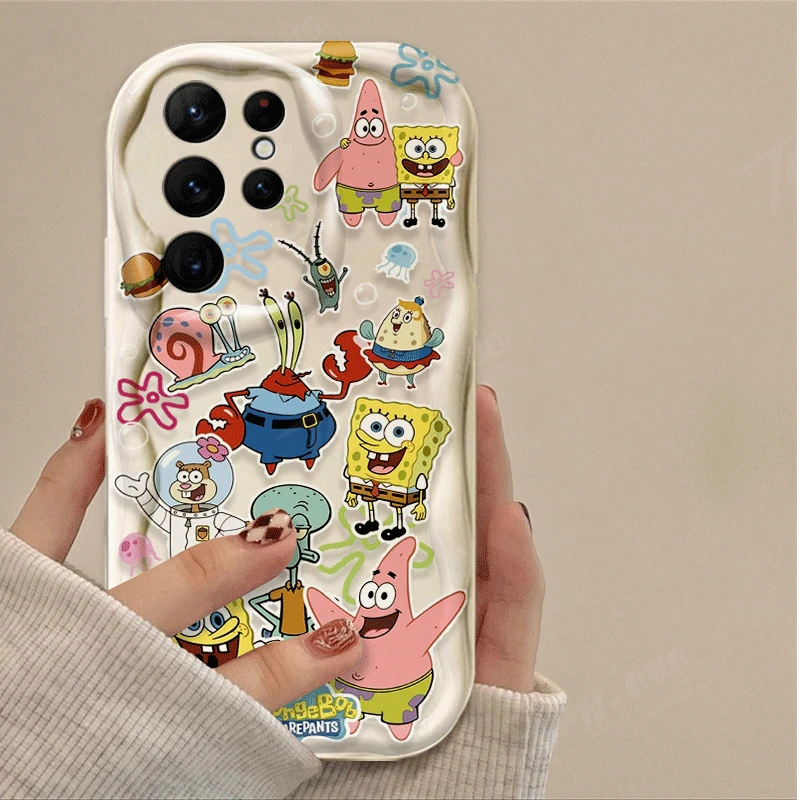 Lovely SpongeBobs Wave Phone Case For Samsung Galaxy S24 Ultra S23 S22 Plus S21 S20 FE A25 A55 A35 A15 A05 A05S Silicone Cover