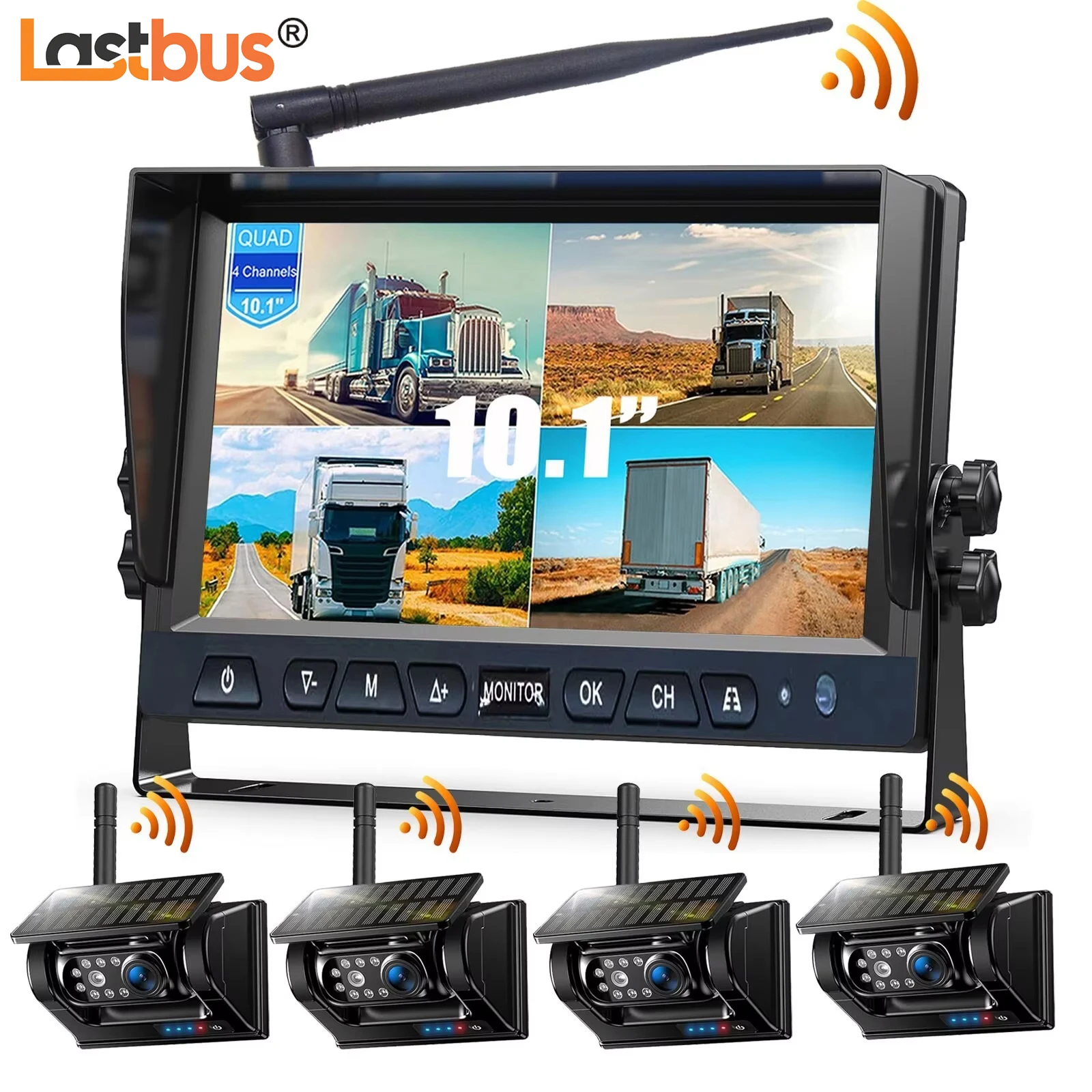 

Lastbus Solar Magnetic Wireless Backup Camera With 10.1" DVR Monitor Quad Split 1080P For Horse Trailer Fifth Wheels/Car RV