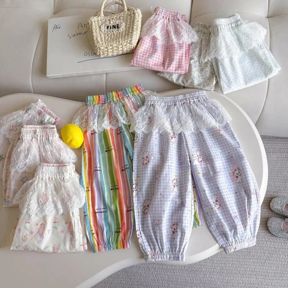 

Sweet and Lovely Autumn Girls Clothes Lace Decoration Checkered Printing Children's Pants Colorful Stripes and Casual Pants