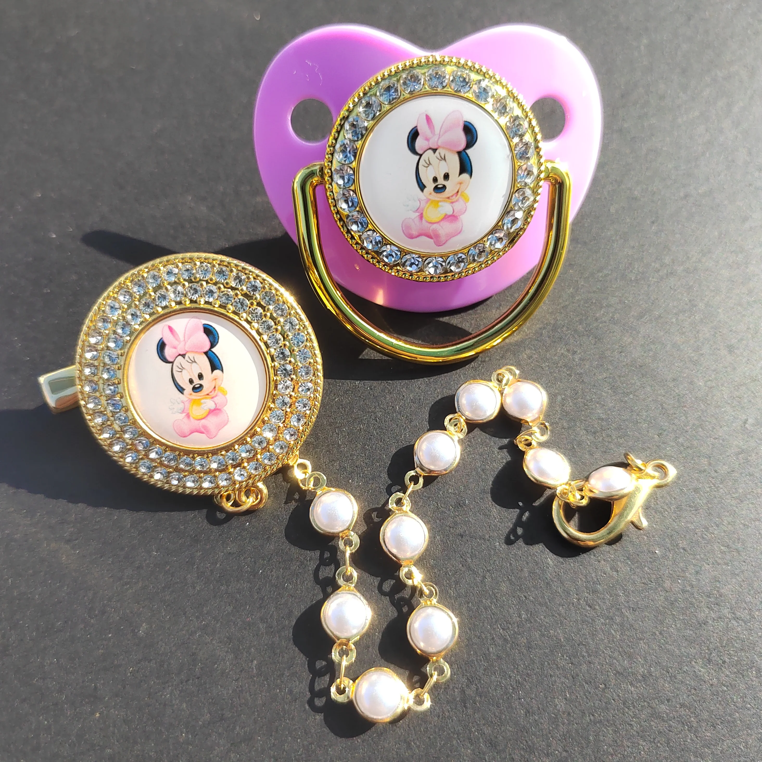 Disney Cute Lavender Minnie Mouse Baby Pacifier Chain Clip Newborn Baby BPA-Free Luxury Bling pacifier Pacifier Chupeta 0-18M