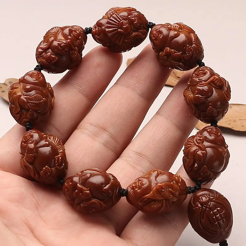 Finished Product Painting Brush Jadified Coated Pulp Olive Nut Stone Carving Engraved Bracelet Eight Maitreya Buddha