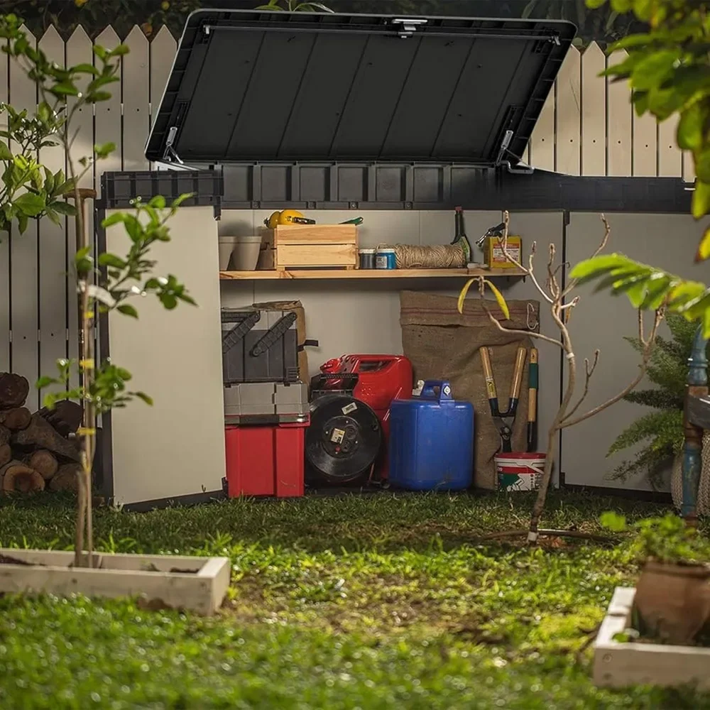 Outdoor Storage Box & Patio Shed Enclosure, Outside Bin with Ventilation, Grey   garden storage  outdoor storage shed