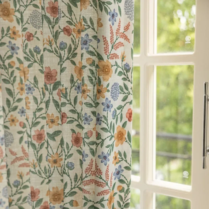 American Rustic Botanical Flower Cotton and Linen Printed Curtains for Bedroom Living Room Floating Window Curtains Customised