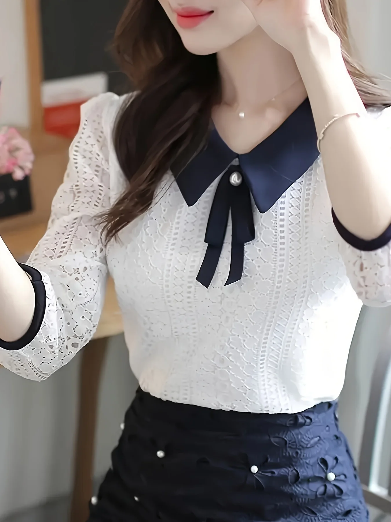 

Women's Spring Autumn Style Lace Blouses Shirt Women Peter Pan Collar Solid Color Half Sleeve Elegant Lace Tops SP8676