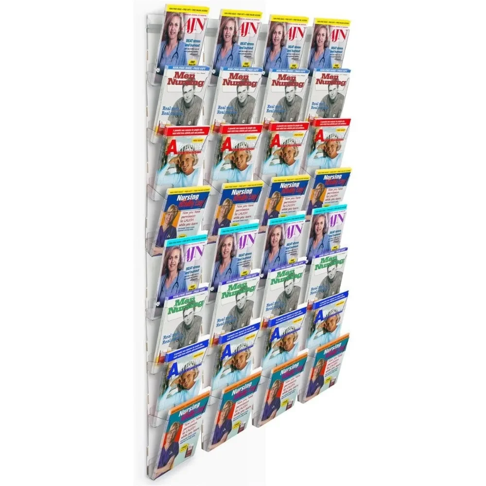Wall Mounted Magazine Rack with Tiered Design, Thirty-Two Half View Pockets or 8.5 x 11 Inch Catalogs, Clear Plastic