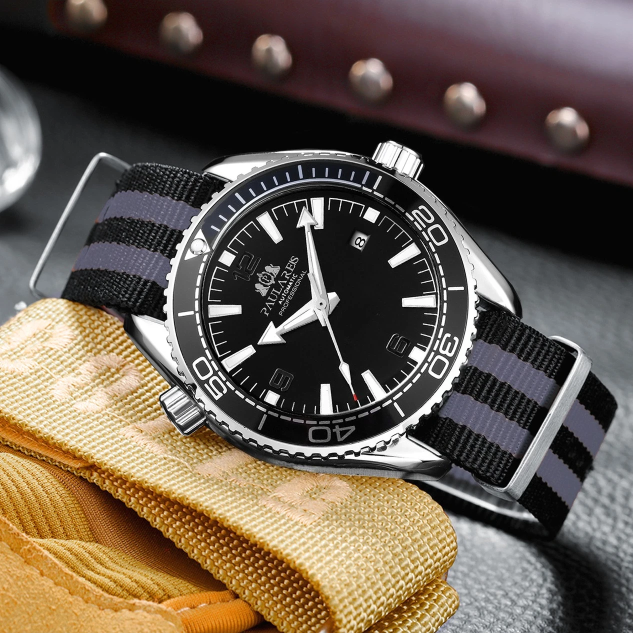 Automatic Mechanical Watch Orange Black Blue Canvas Strap Fashion Men's 45mm Luxury Fashion Wristwatch