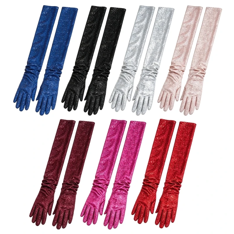 Long Formal Gloves with Sequined Decoration, Stretch Full-Finger Gloves for Dance, Parties, Stage Wear and Evening Looks