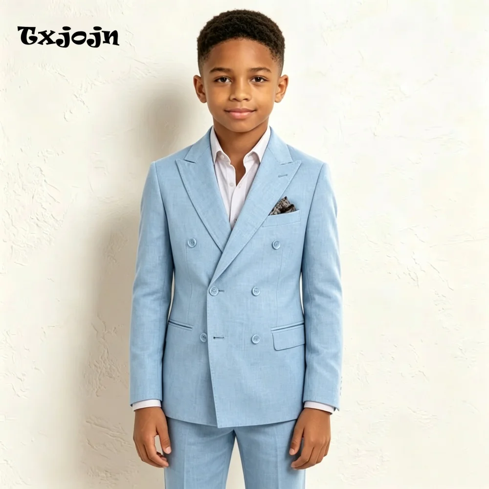 Formal Boys Suit Classic Sky Blue Wedding Tuxedos 2-piece Set Trend Pointed Collar Jacket Double Breasted Blazer Pants for Party