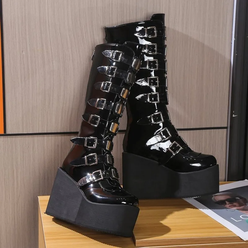 Gothic Style Cool Punk Motorcycles Boots Female Platform Wedges Calf Boots High Heels Cosplay Women Shoes Brand Botas De Mujer