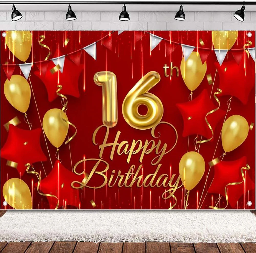 

Photography Backdrop Banner Red And Gold For Boys Girls Happy 16 Years Old 16th Birthday Background Party Decor Sign Supplies