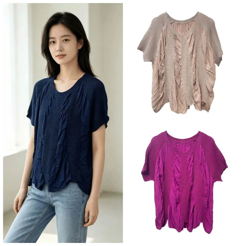 Miyake T-Shirt Patchwork Pleated Short Sleeve Plisse Top Women 2026 Autumn New Texture Patchwork Loose Plus Size Loose T-Shirt