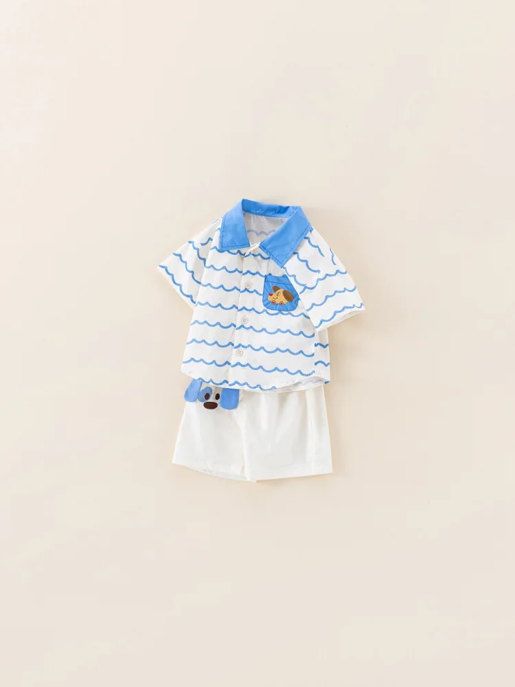 Terno de algodão listrado horizontal infantil, recém-nascido Lapel Shirt0-3Pc, Verão