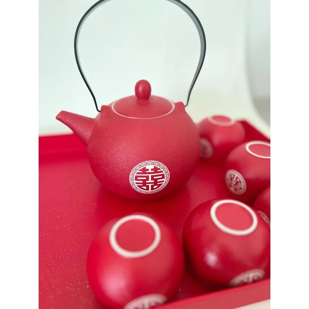 Traditional Chinese Double Happiness Ceramic Tea Set for Weddings, 1 Teapot, 8 Cups, Gift-boxed