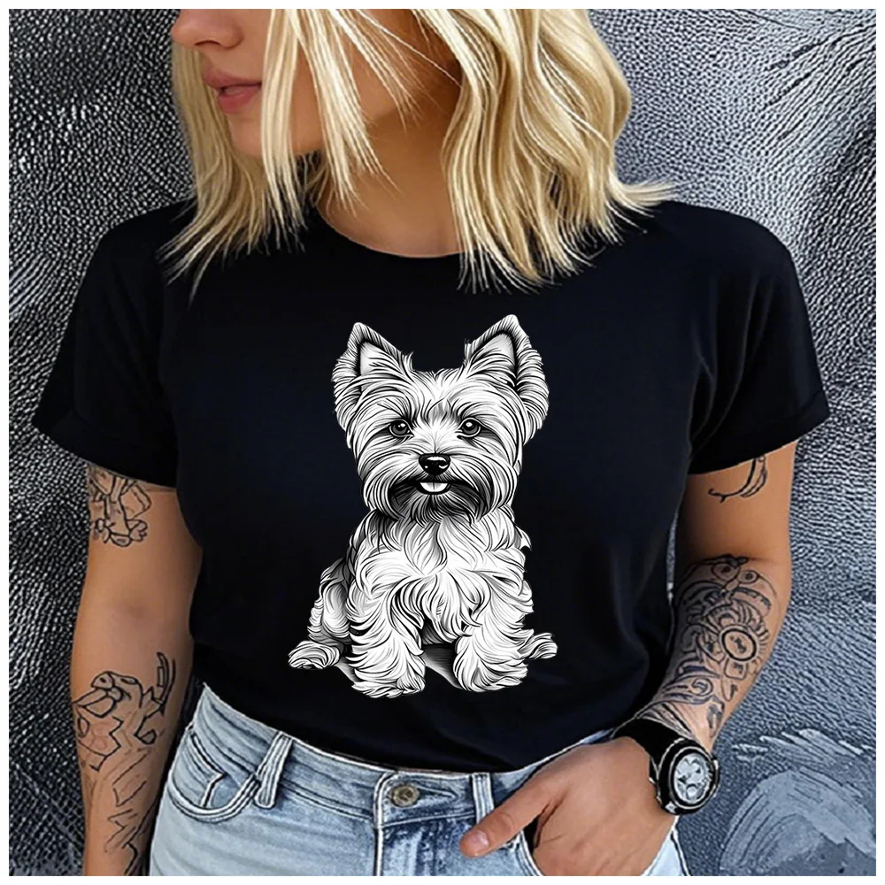 Cotton 100% Vintage Sketch Yorkshire Terrier Dog Print T-shirt Women Cute Yorkie Puppy Graphic Casual Summer Short Sleeve Tee