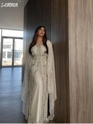 Caftan Long Sleeve Saudi Prom Dress Dubai Moroccan Kaftan Elegant V Neck Evening Dresses Arabic Women Formal Customized Gown