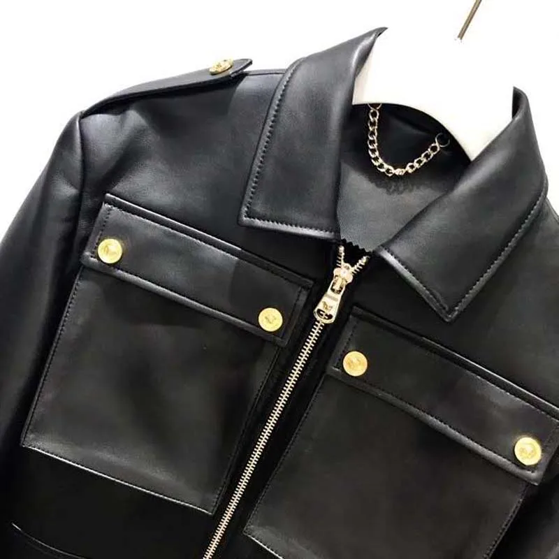 Chaqueta de piel auténtica para mujer, abrigo de estilo corto con bolsillos grandes, cuello vuelto, ropa de abrigo de manga larga, novedad de 2023