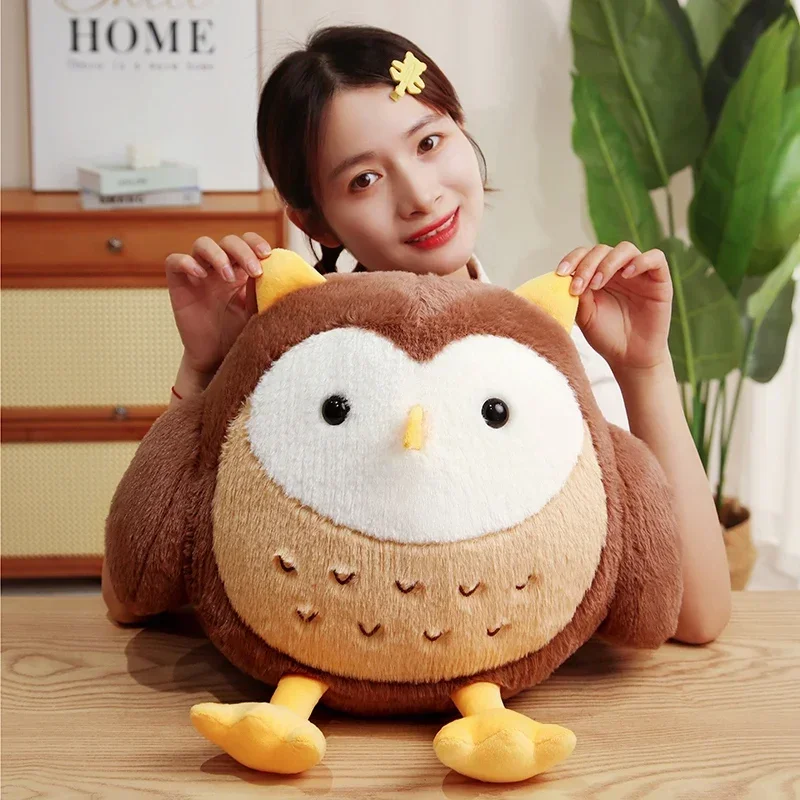 Gordoso coruja pássaro brinquedo de pelúcia recheado marrom cinza bonito bola em forma de plushie peluche animal dos desenhos animados com pernas travesseiro volta apoio presente