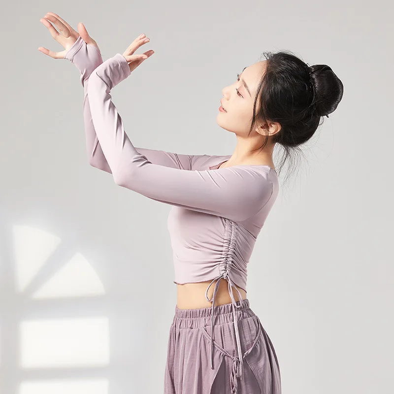 Adult Slim Fit U Neck Side Tie Long Sleeve Belly Dance T Shirt Crop Top Costume for Women Dancing Clothes Dancer Clothing Wear